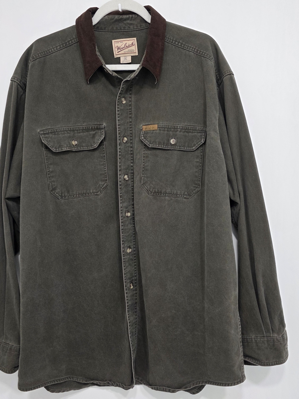 Woolrich Olive Button-Front Shirt Jacket with Brown Corduroy Collar